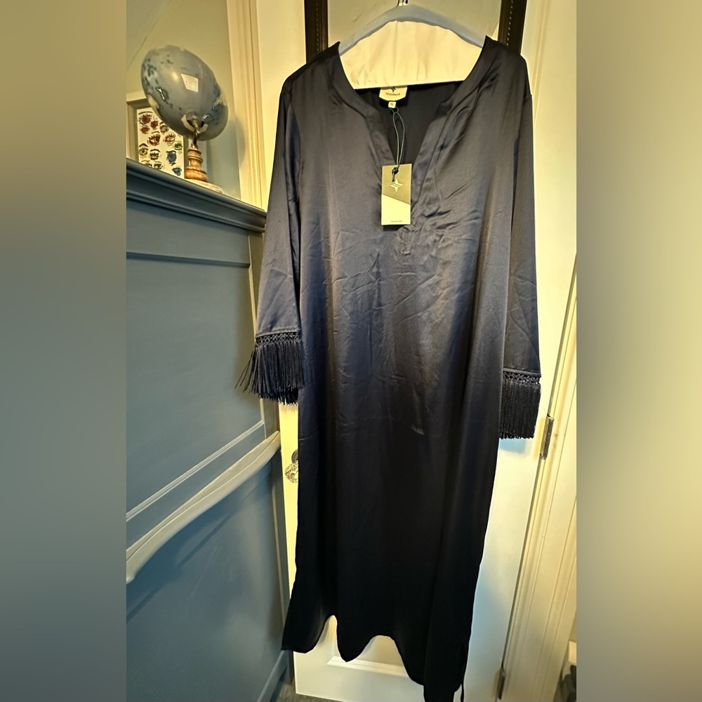 NWT Tuckernuck satin fringe Jamie Dress- Navy